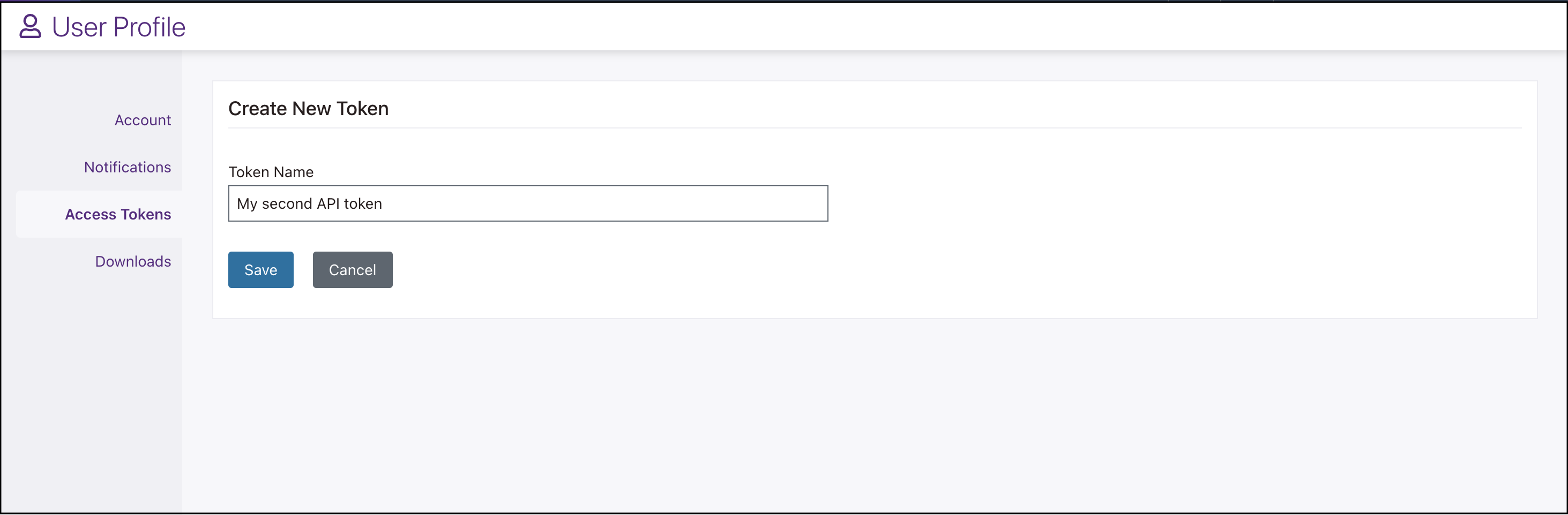 Screenshot of the form for creating a new token. Token Name is the only field.