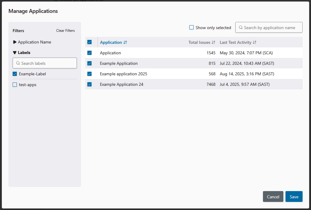 Screenshot of the Manage Applications window, with an active label filter.