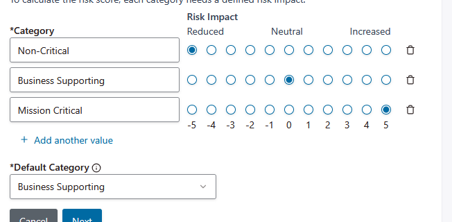 Screenshot of the categories and impact values assigned to the default application risk factor, Business Criticality (which is created automatically when you enable application risk scoring).